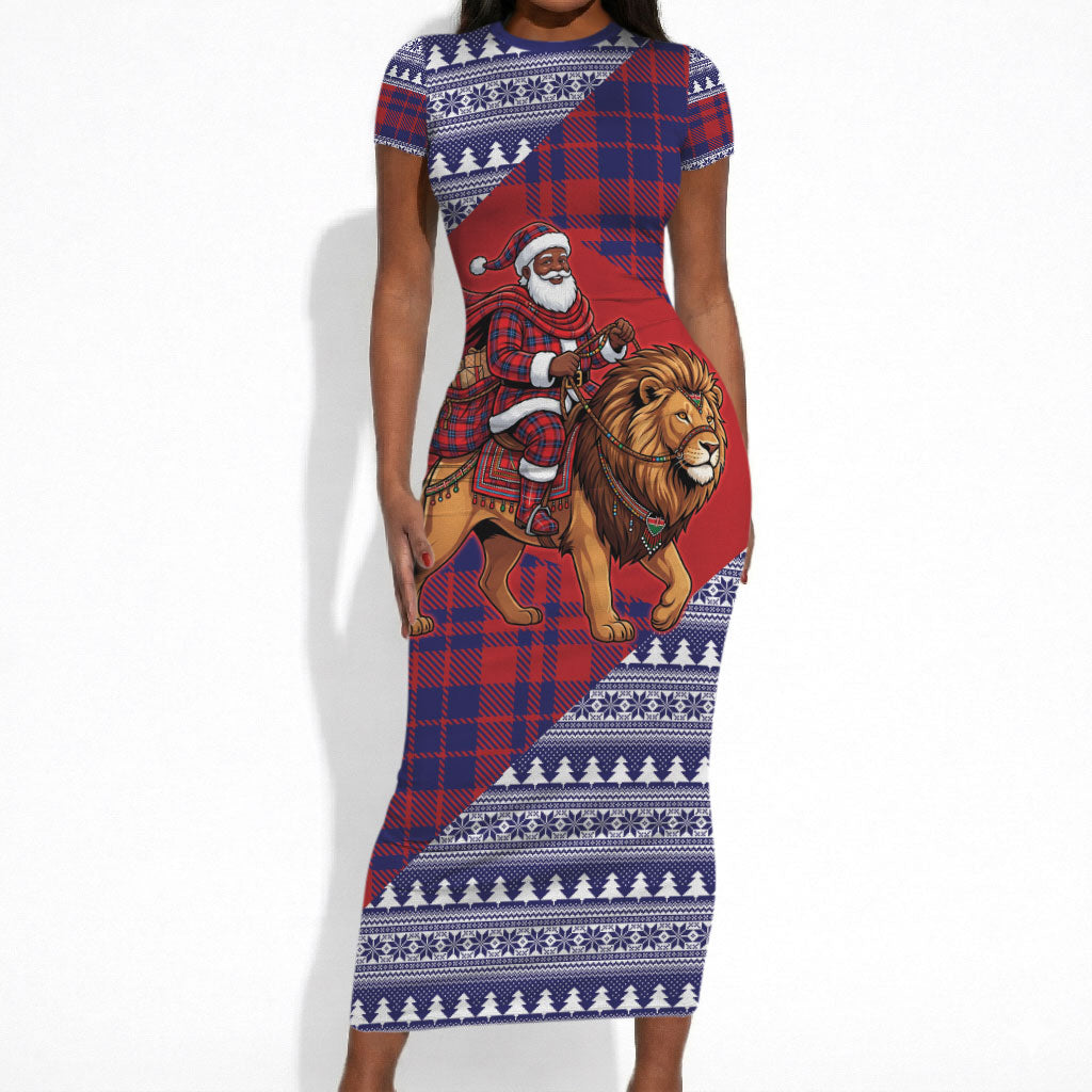 Kenya Christmas Santa Lion Short Sleeve Bodycon Dress Maasai Shuka Inspired Red Check