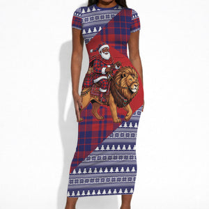Kenya Christmas Santa Lion Short Sleeve Bodycon Dress Maasai Shuka Inspired Red Check