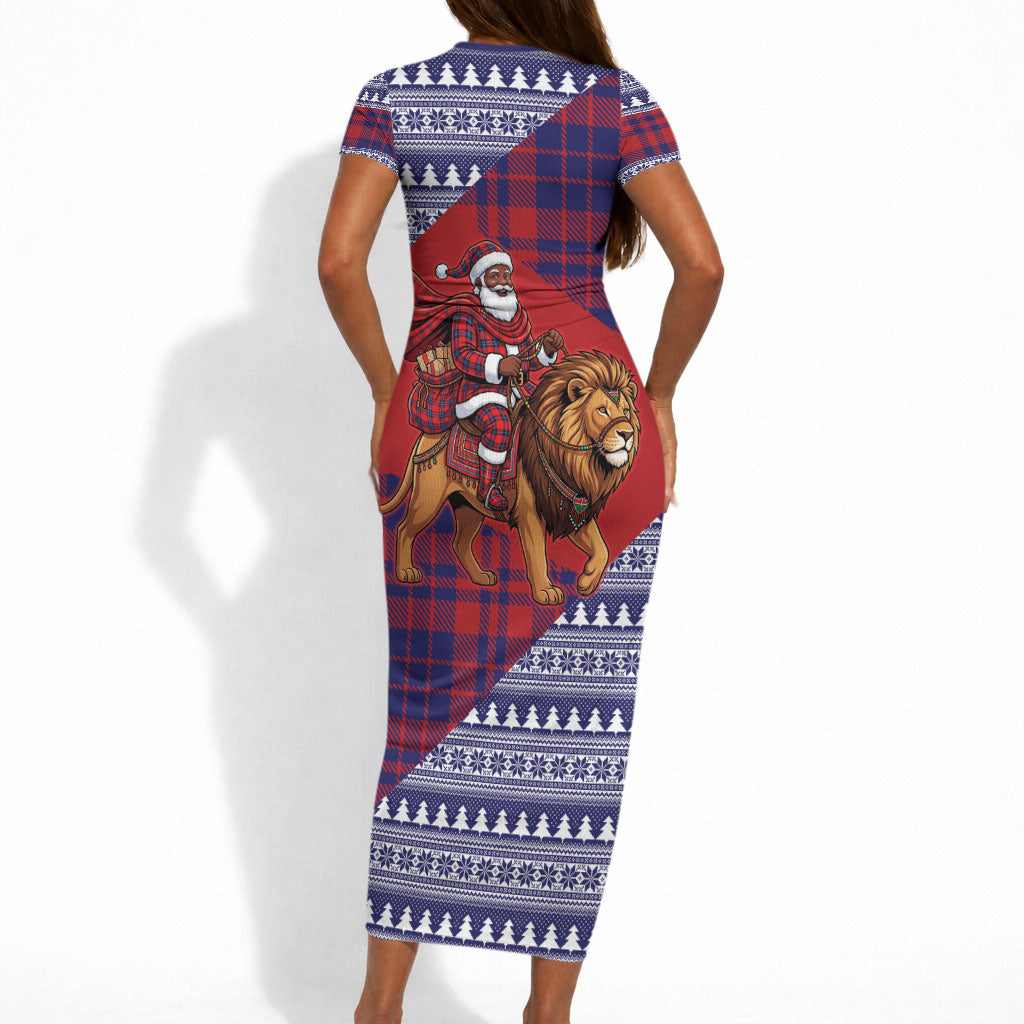 Kenya Christmas Santa Lion Short Sleeve Bodycon Dress Maasai Shuka Inspired Red Check