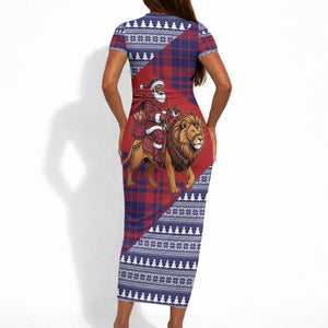 Kenya Christmas Santa Lion Short Sleeve Bodycon Dress Maasai Shuka Inspired Red Check
