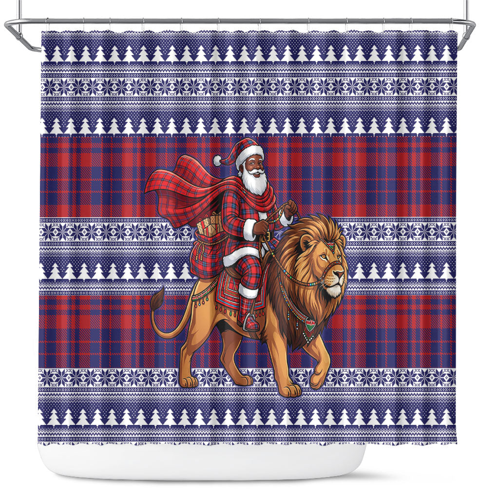 Kenya Christmas Santa Lion Shower Curtain Maasai Shuka Inspired Red Check