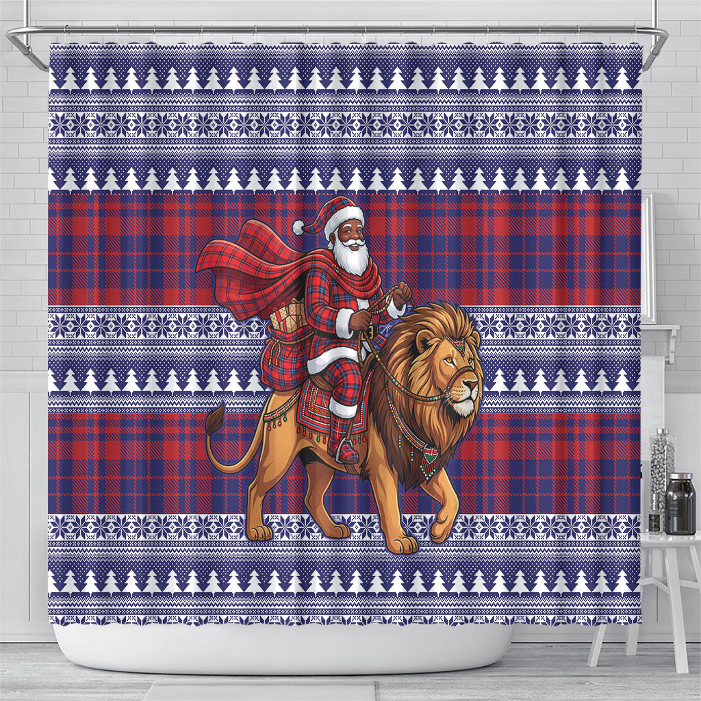 Kenya Christmas Santa Lion Shower Curtain Maasai Shuka Inspired Red Check