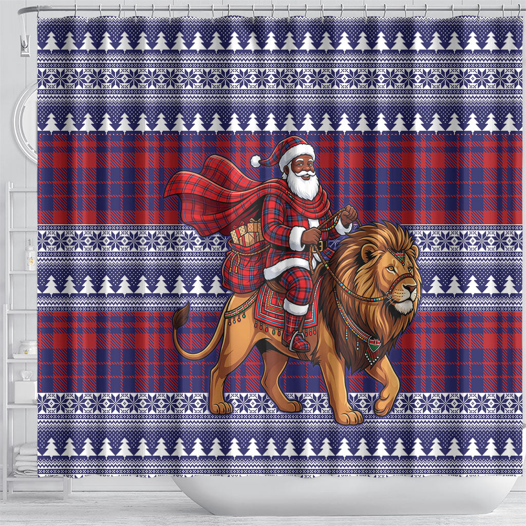 Kenya Christmas Santa Lion Shower Curtain Maasai Shuka Inspired Red Check