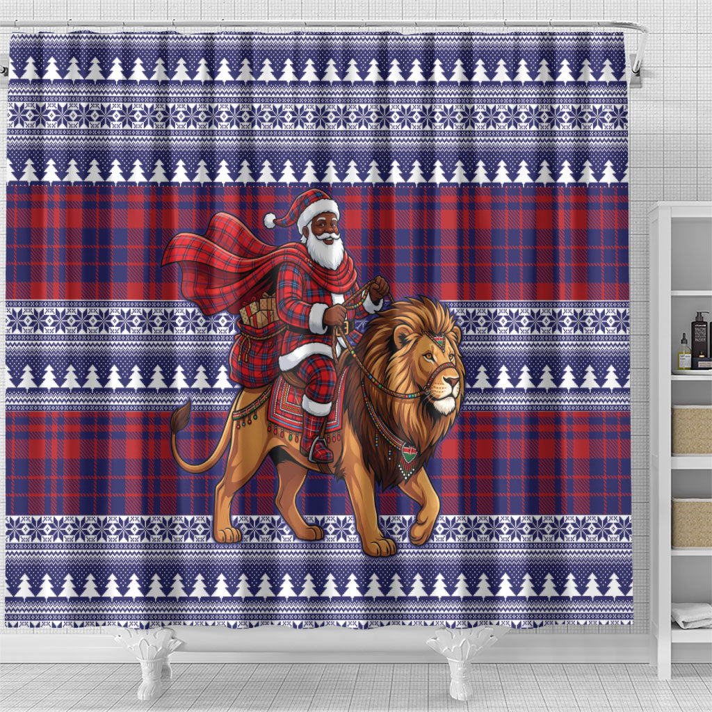 Kenya Christmas Santa Lion Shower Curtain Maasai Shuka Inspired Red Check