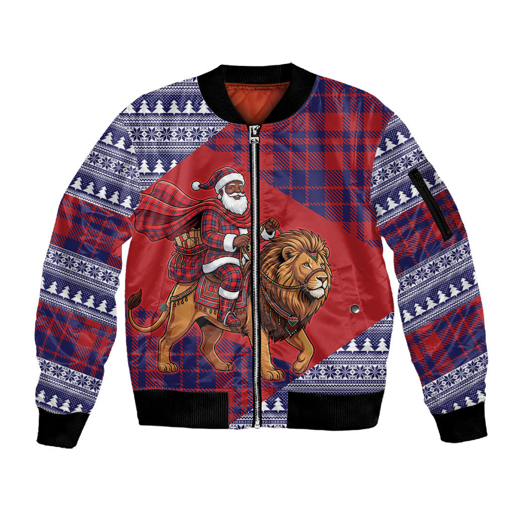 Kenya Christmas Santa Lion Sleeve Zip Bomber Jacket Maasai Shuka Inspired Red Check