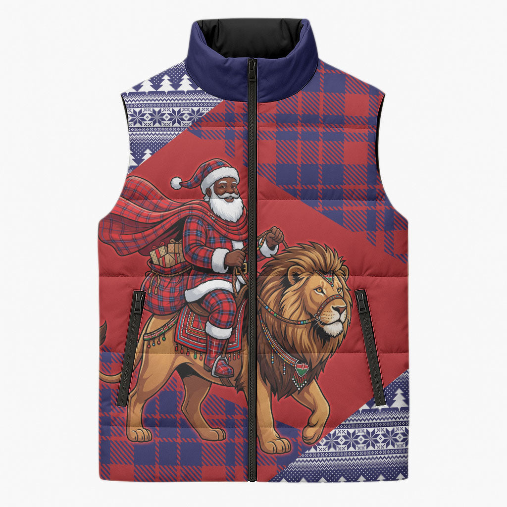 Kenya Christmas Santa Lion Sleeveless Puffer Jacket Maasai Shuka Inspired Red Check