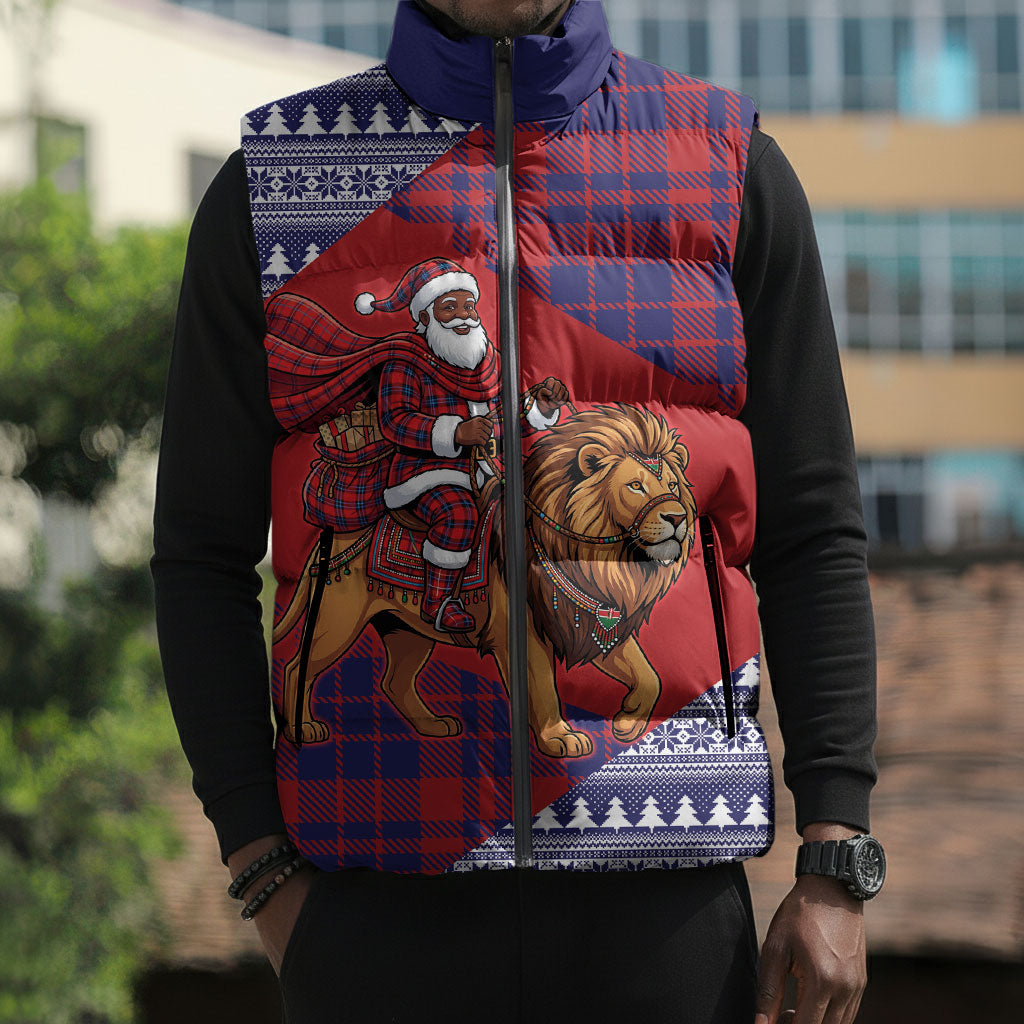 Kenya Christmas Santa Lion Sleeveless Puffer Jacket Maasai Shuka Inspired Red Check