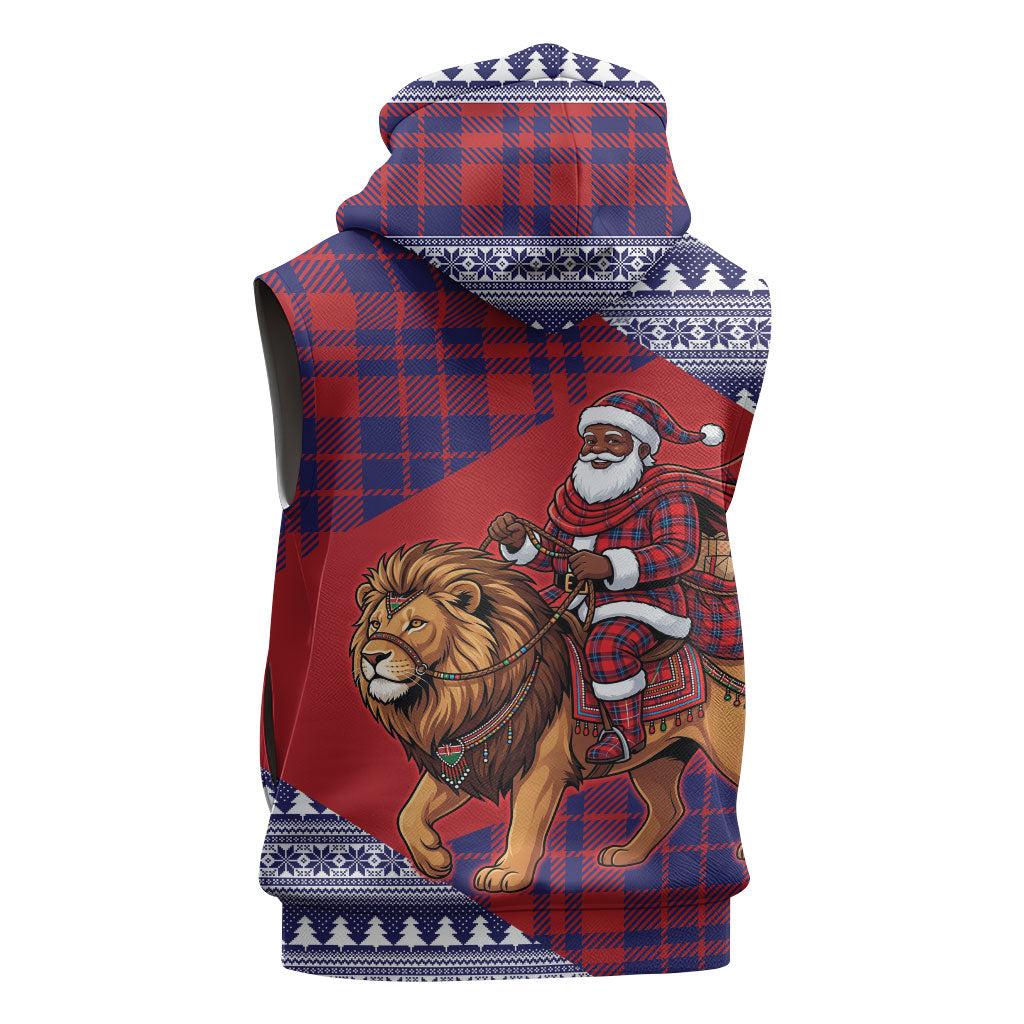 Kenya Christmas Santa Lion Sleeveless Zip Hoodie Maasai Shuka Inspired Red Check