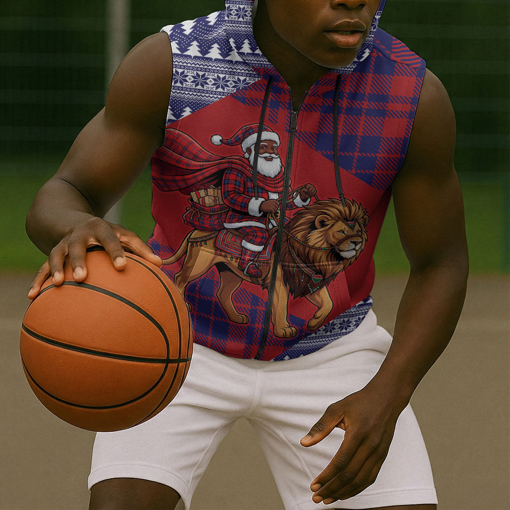 Kenya Christmas Santa Lion Sleeveless Zip Hoodie Maasai Shuka Inspired Red Check