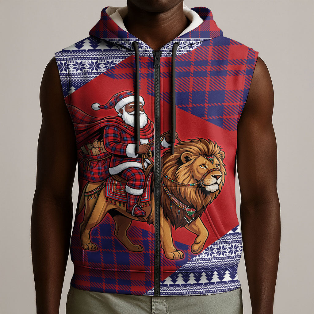 Kenya Christmas Santa Lion Sleeveless Zip Hoodie Maasai Shuka Inspired Red Check