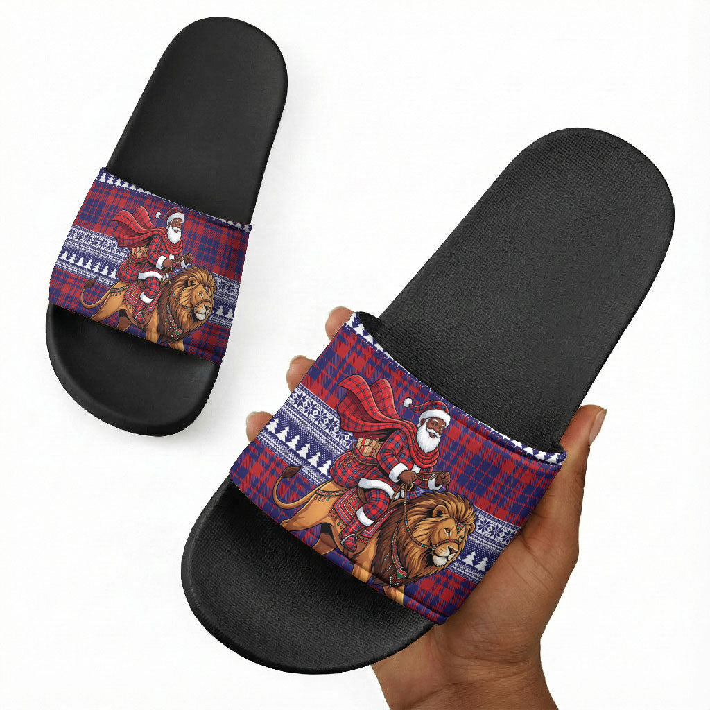 Kenya Christmas Santa Lion Slide Sandals Maasai Shuka Inspired Red Check