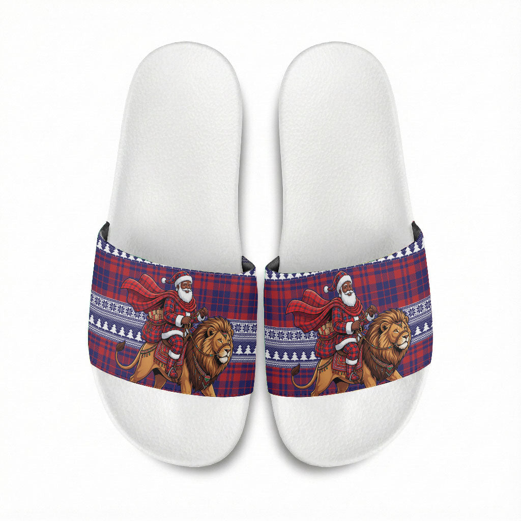 Kenya Christmas Santa Lion Slide Sandals Maasai Shuka Inspired Red Check