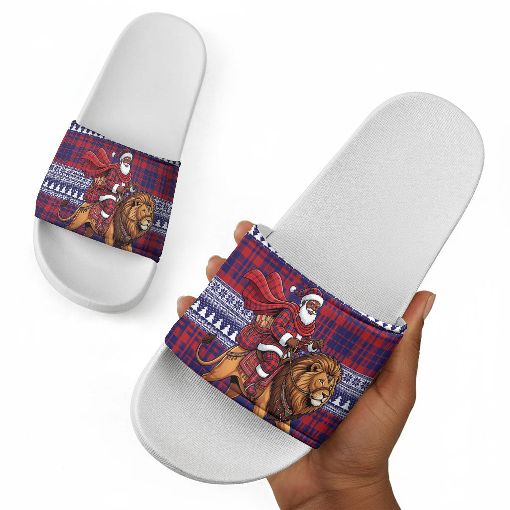 Kenya Christmas Santa Lion Slide Sandals Maasai Shuka Inspired Red Check