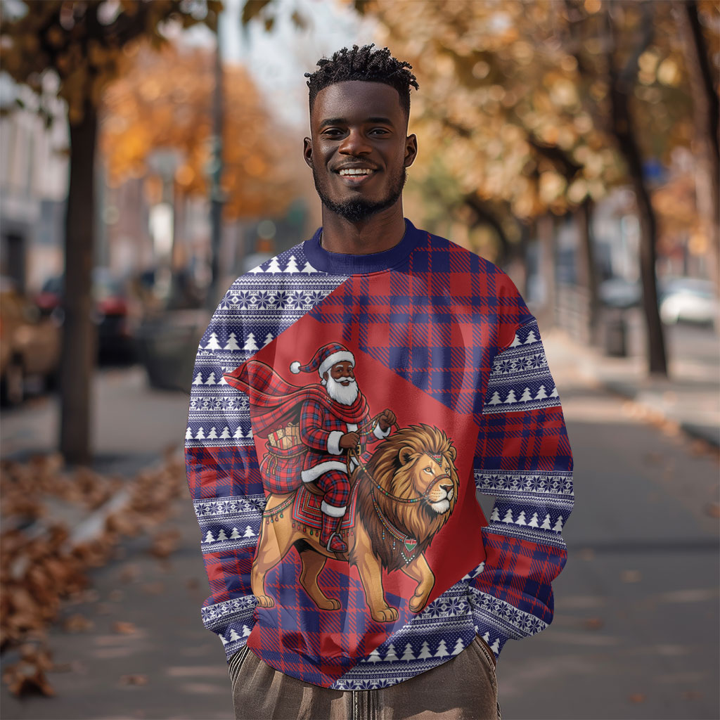 Kenya Christmas Santa Lion Sweatshirt Maasai Shuka Inspired Red Check