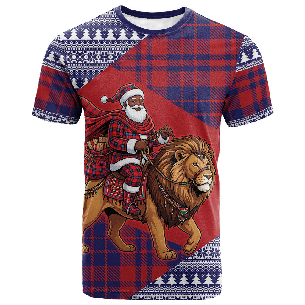 Kenya Christmas Santa Lion T shirt Maasai Shuka Inspired Red Check
