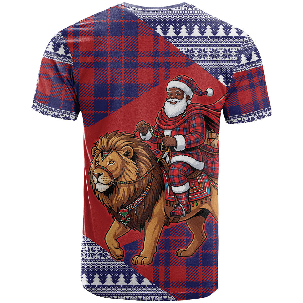 Kenya Christmas Santa Lion T shirt Maasai Shuka Inspired Red Check