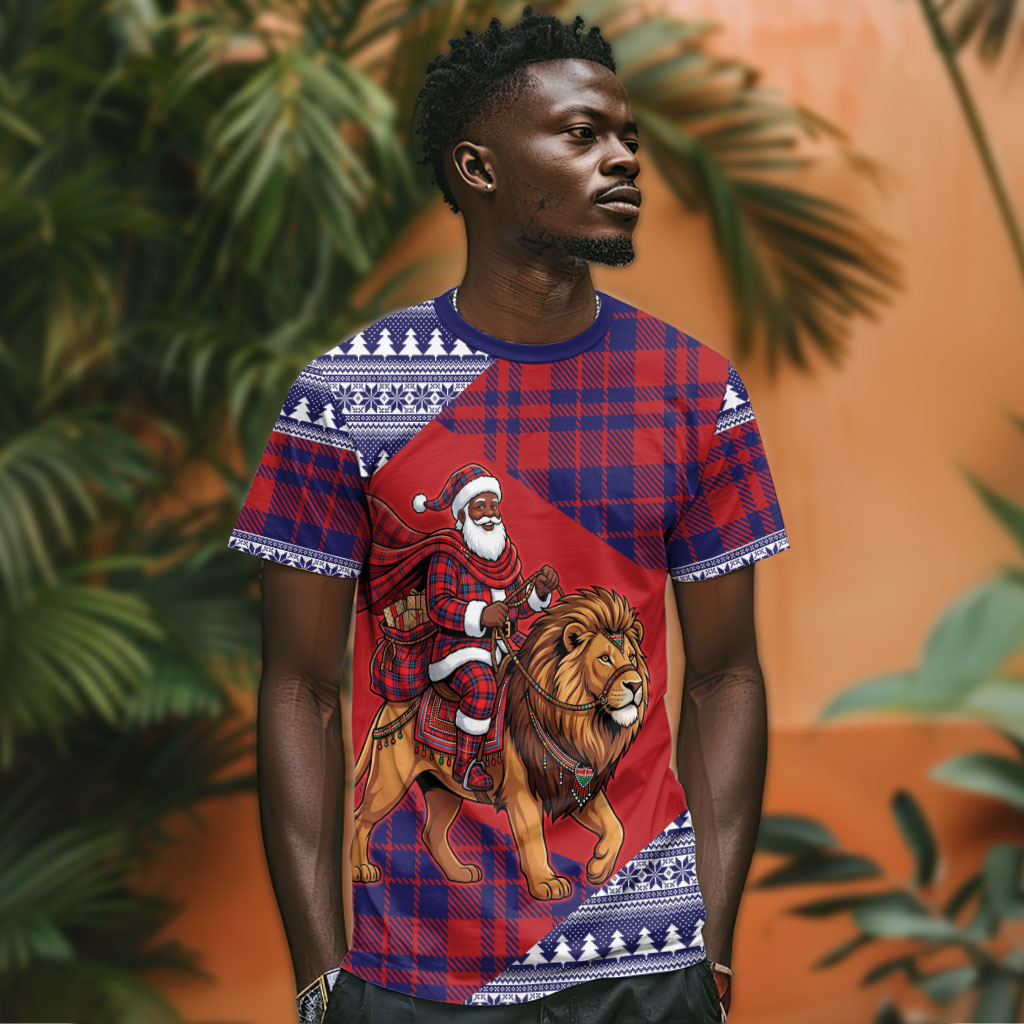 Kenya Christmas Santa Lion T shirt Maasai Shuka Inspired Red Check