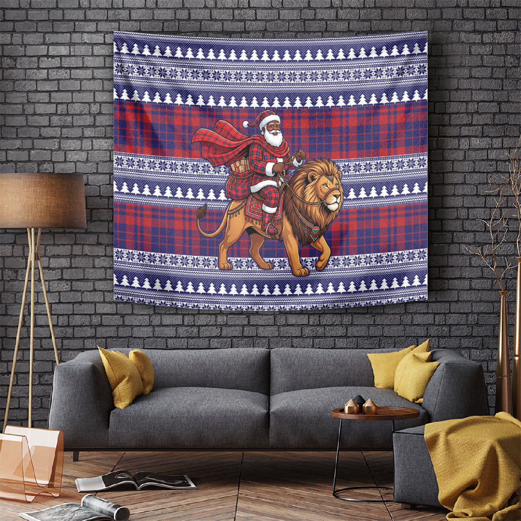 Kenya Christmas Santa Lion Tapestry Maasai Shuka Inspired Red Check