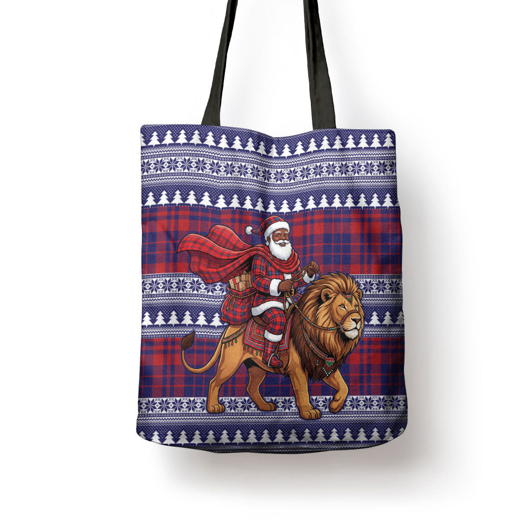 Kenya Christmas Santa Lion Tote Bag Maasai Shuka Inspired Red Check