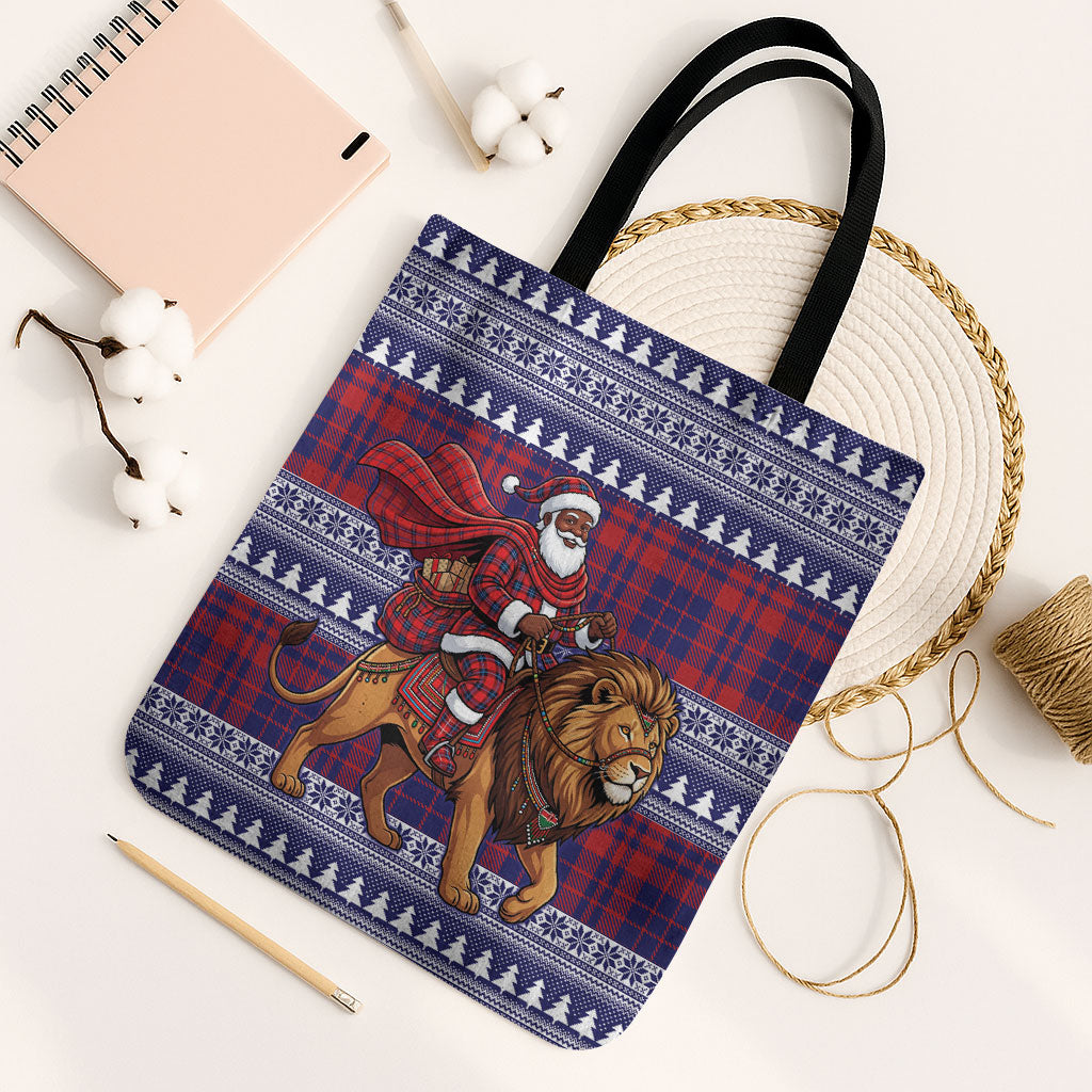 Kenya Christmas Santa Lion Tote Bag Maasai Shuka Inspired Red Check