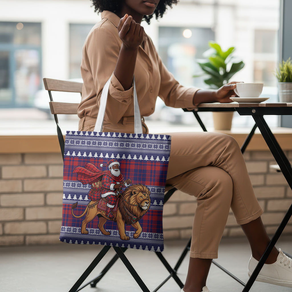 Kenya Christmas Santa Lion Tote Bag Maasai Shuka Inspired Red Check