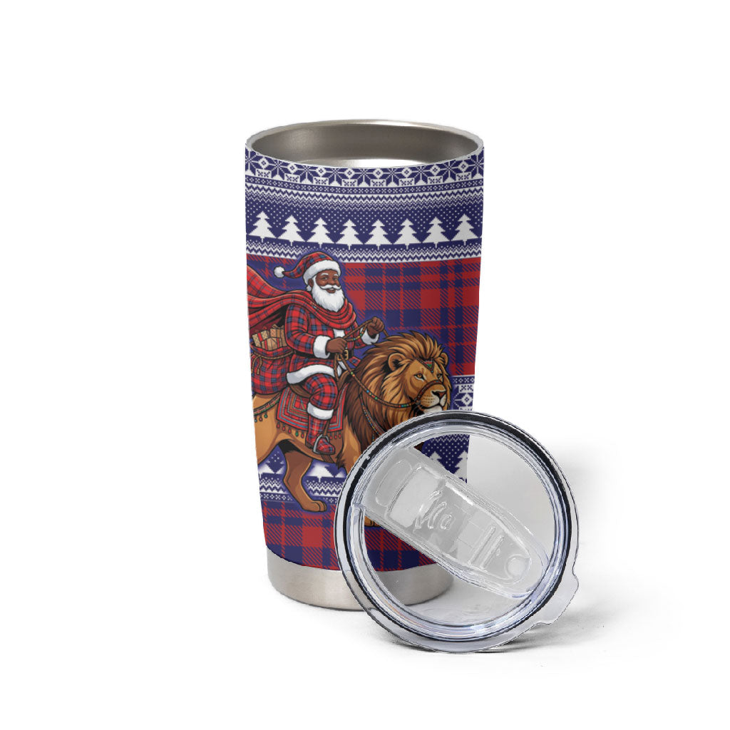 Kenya Christmas Santa Lion Tumbler Cup Maasai Shuka Inspired Red Check