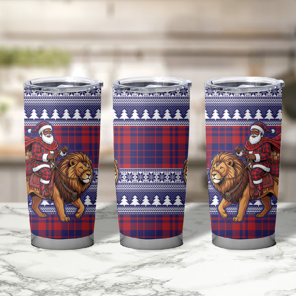 Kenya Christmas Santa Lion Tumbler Cup Maasai Shuka Inspired Red Check