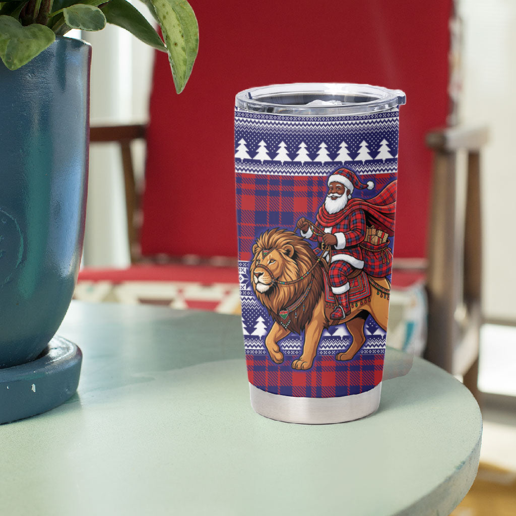 Kenya Christmas Santa Lion Tumbler Cup Maasai Shuka Inspired Red Check