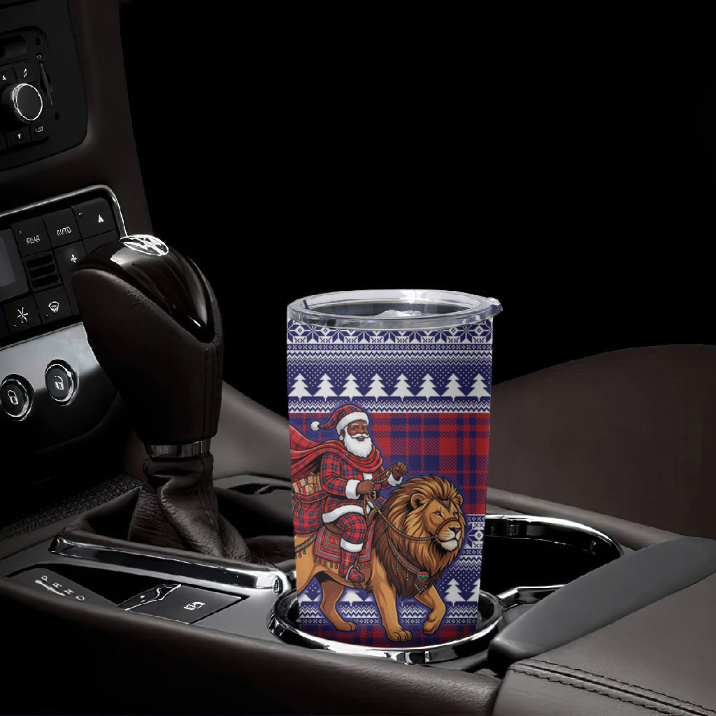 Kenya Christmas Santa Lion Tumbler Cup Maasai Shuka Inspired Red Check