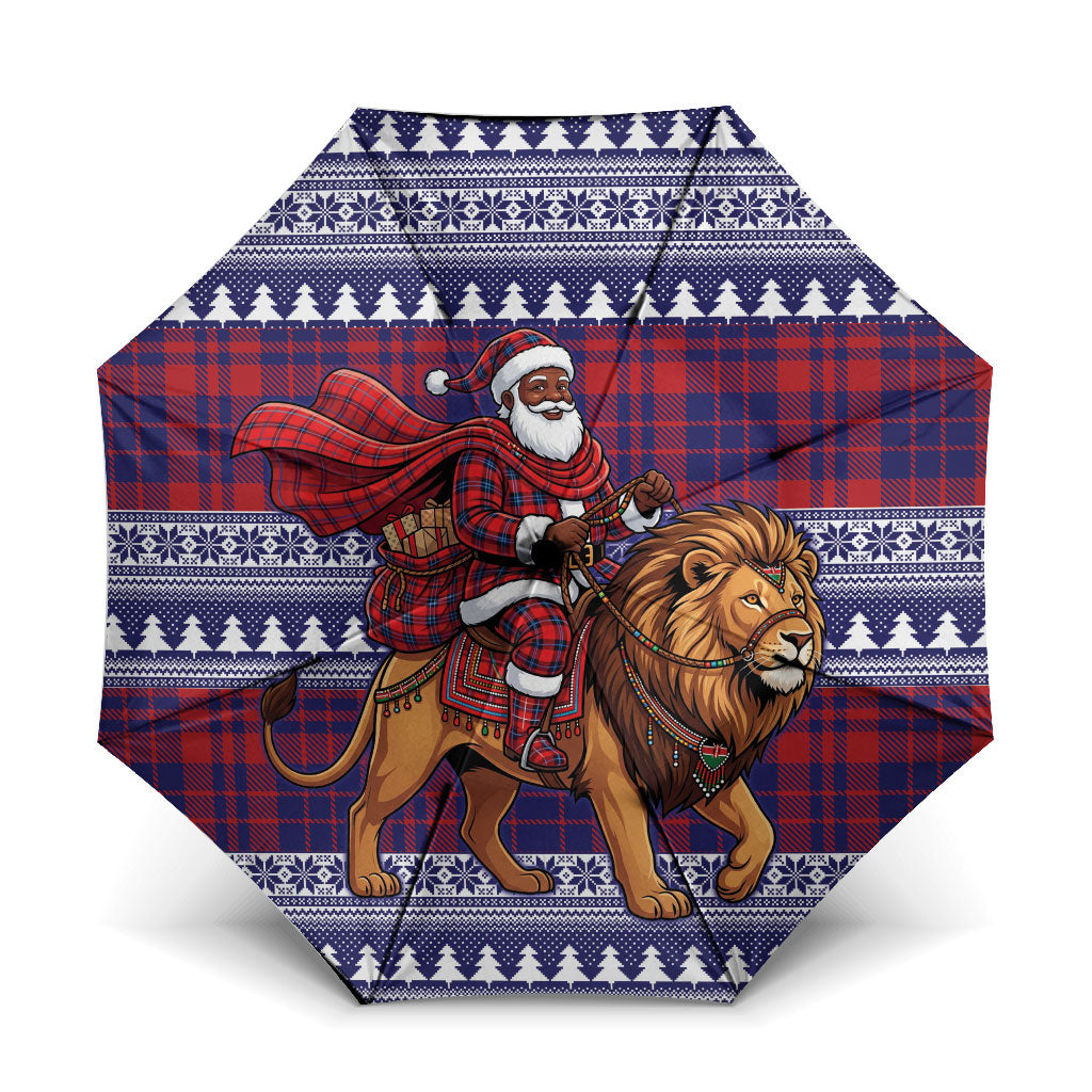 Kenya Christmas Santa Lion Umbrella Maasai Shuka Inspired Red Check