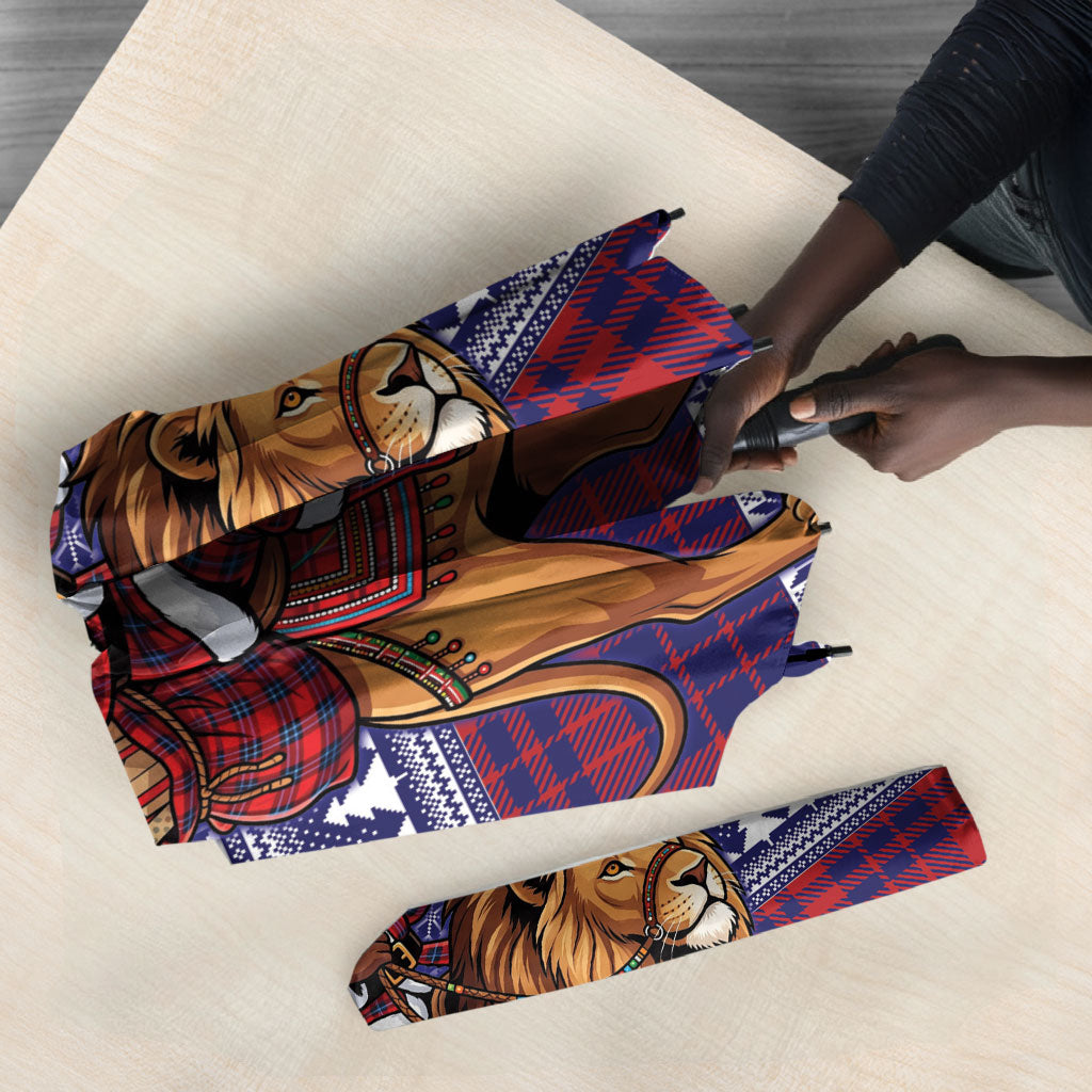 Kenya Christmas Santa Lion Umbrella Maasai Shuka Inspired Red Check
