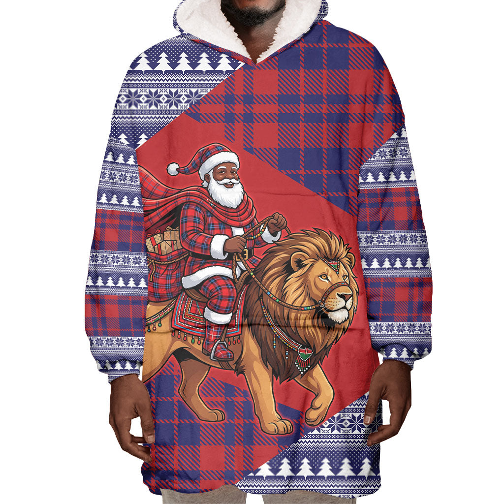 Kenya Christmas Santa Lion Wearable Blanket Hoodie Maasai Shuka Inspired Red Check