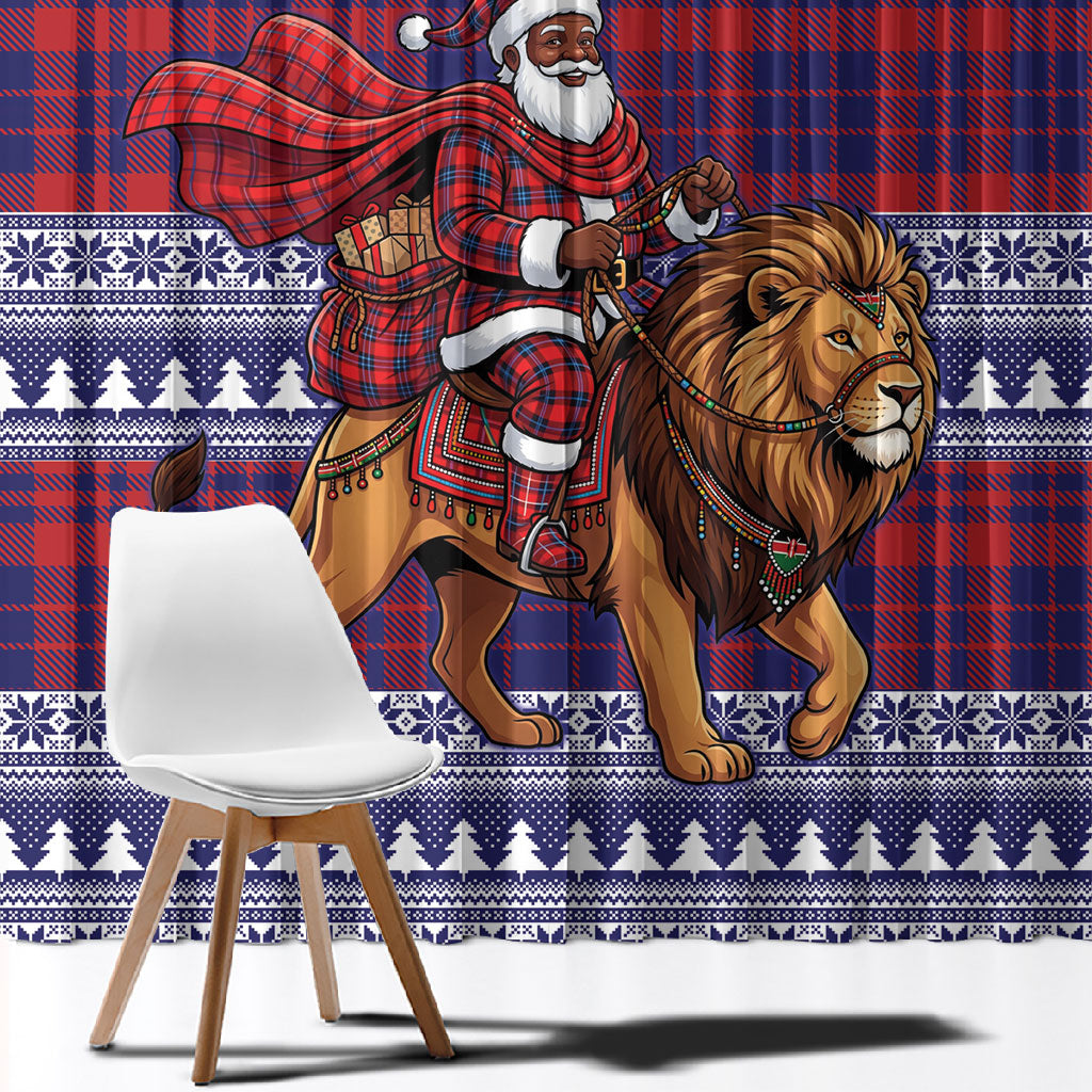 Kenya Christmas Santa Lion Window Curtain Maasai Shuka Inspired Red Check