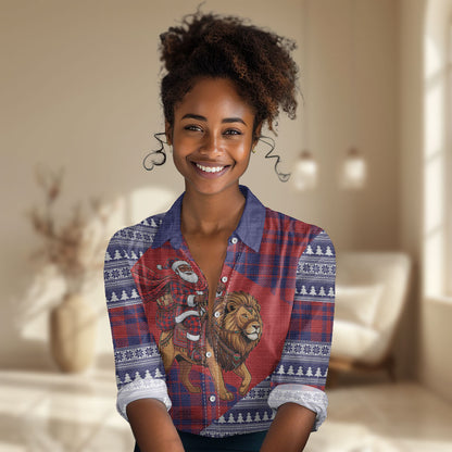 Kenya Christmas Santa Lion Women Casual Shirt Maasai Shuka Inspired Red Check
