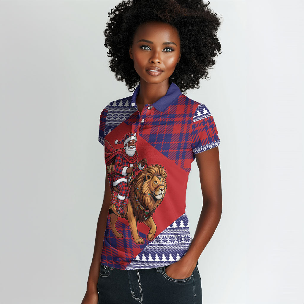 Kenya Christmas Santa Lion Women Polo Shirt Maasai Shuka Inspired Red Check