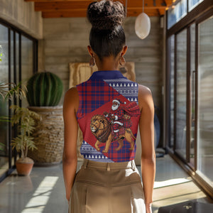 Kenya Christmas Santa Lion Women Sleeveless Polo Shirt Maasai Shuka Inspired Red Check
