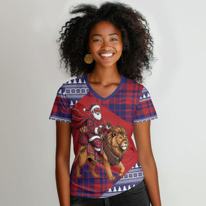 Kenya Christmas Santa Lion Women V-Neck T-Shirt Maasai Shuka Inspired Red Check
