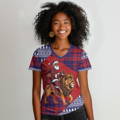 Kenya Christmas Santa Lion Women V-Neck T-Shirt Maasai Shuka Inspired Red Check