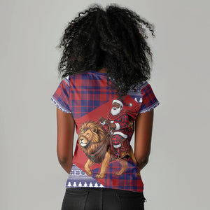 Kenya Christmas Santa Lion Women V-Neck T-Shirt Maasai Shuka Inspired Red Check