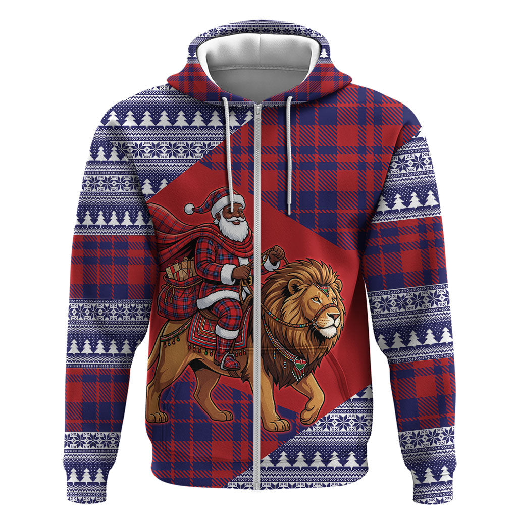 Kenya Christmas Santa Lion Zip Hoodie Maasai Shuka Inspired Red Check