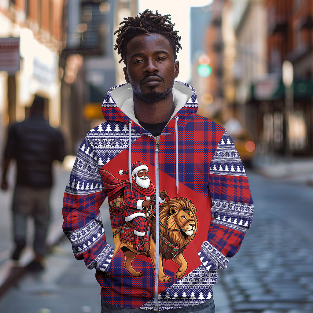Kenya Christmas Santa Lion Zip Hoodie Maasai Shuka Inspired Red Check