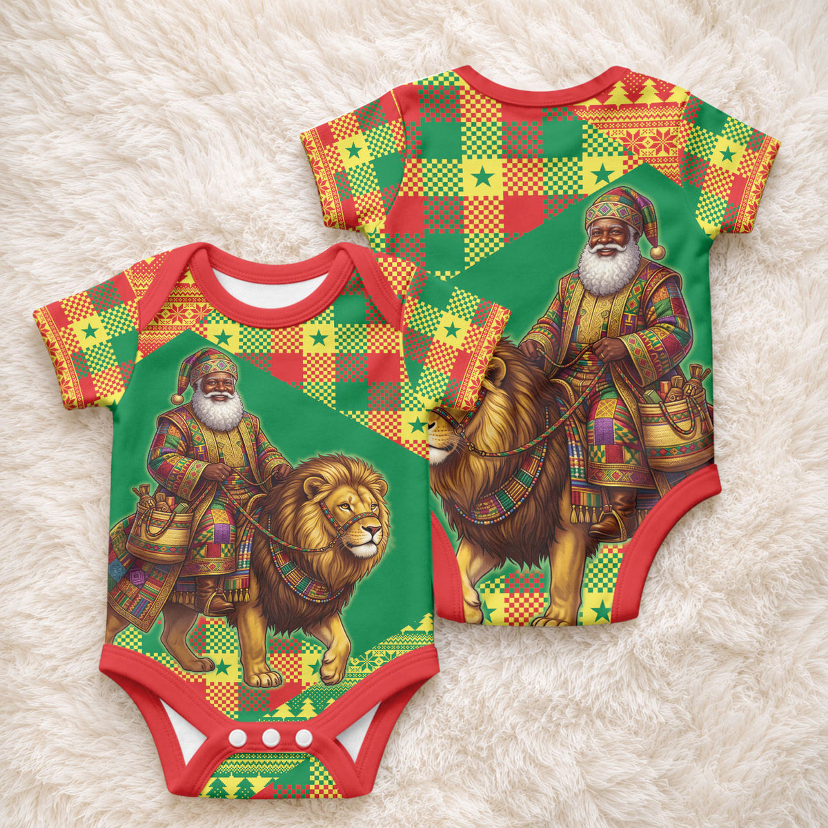 Senegal Christmas Santa Lion Baby Onesie Thioub Traditional Woven Textile Motif