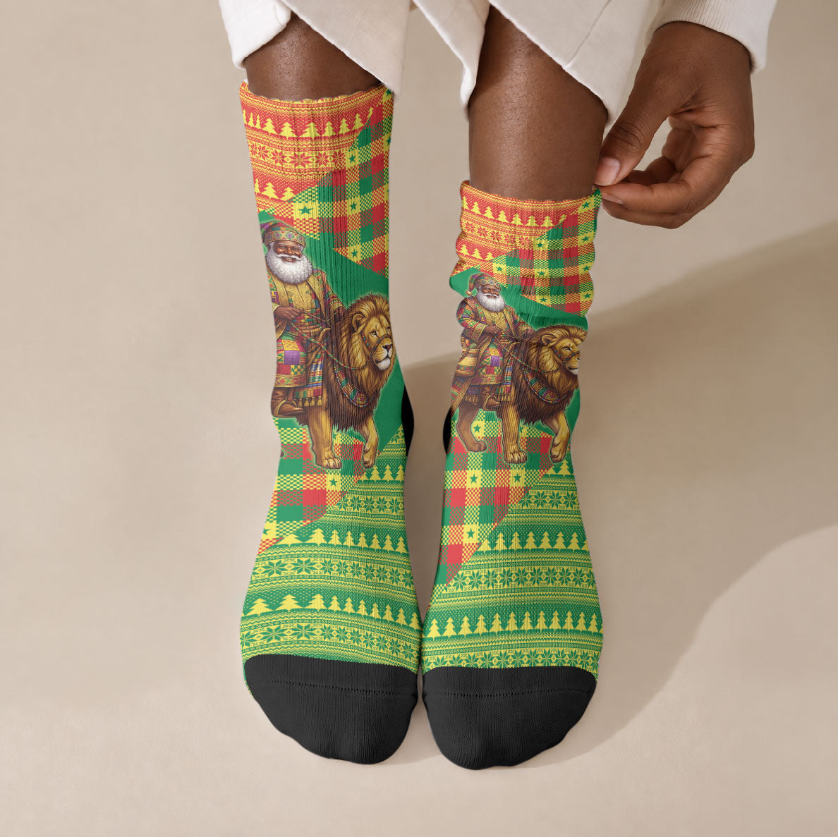 Senegal Christmas Santa Lion Crew Socks Thioub Traditional Woven Textile Motif