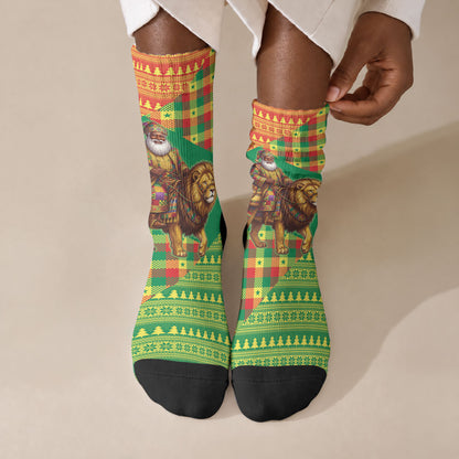 Senegal Christmas Santa Lion Crew Socks Thioub Traditional Woven Textile Motif