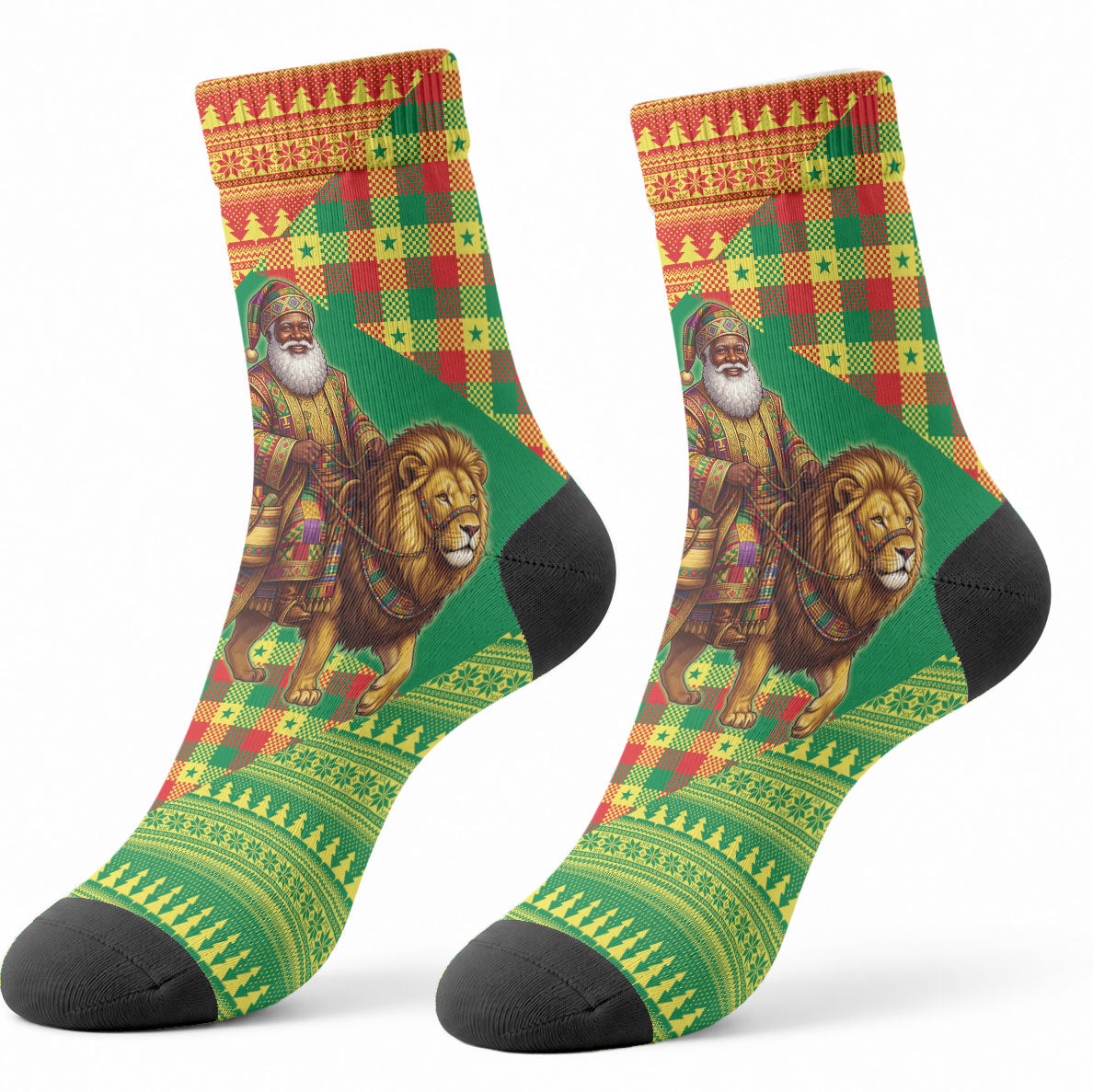 Senegal Christmas Santa Lion Crew Socks Thioub Traditional Woven Textile Motif