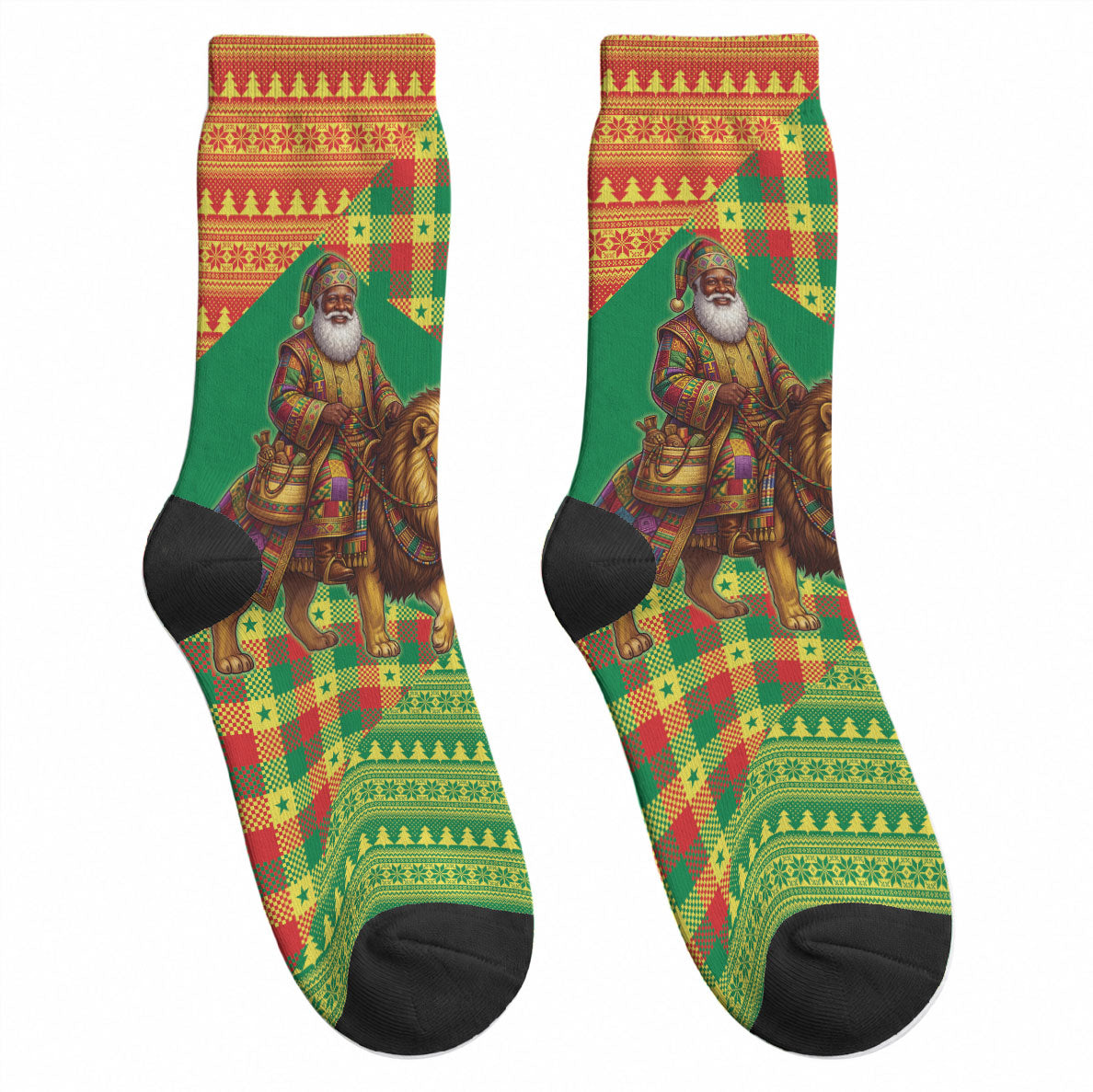 Senegal Christmas Santa Lion Crew Socks Thioub Traditional Woven Textile Motif