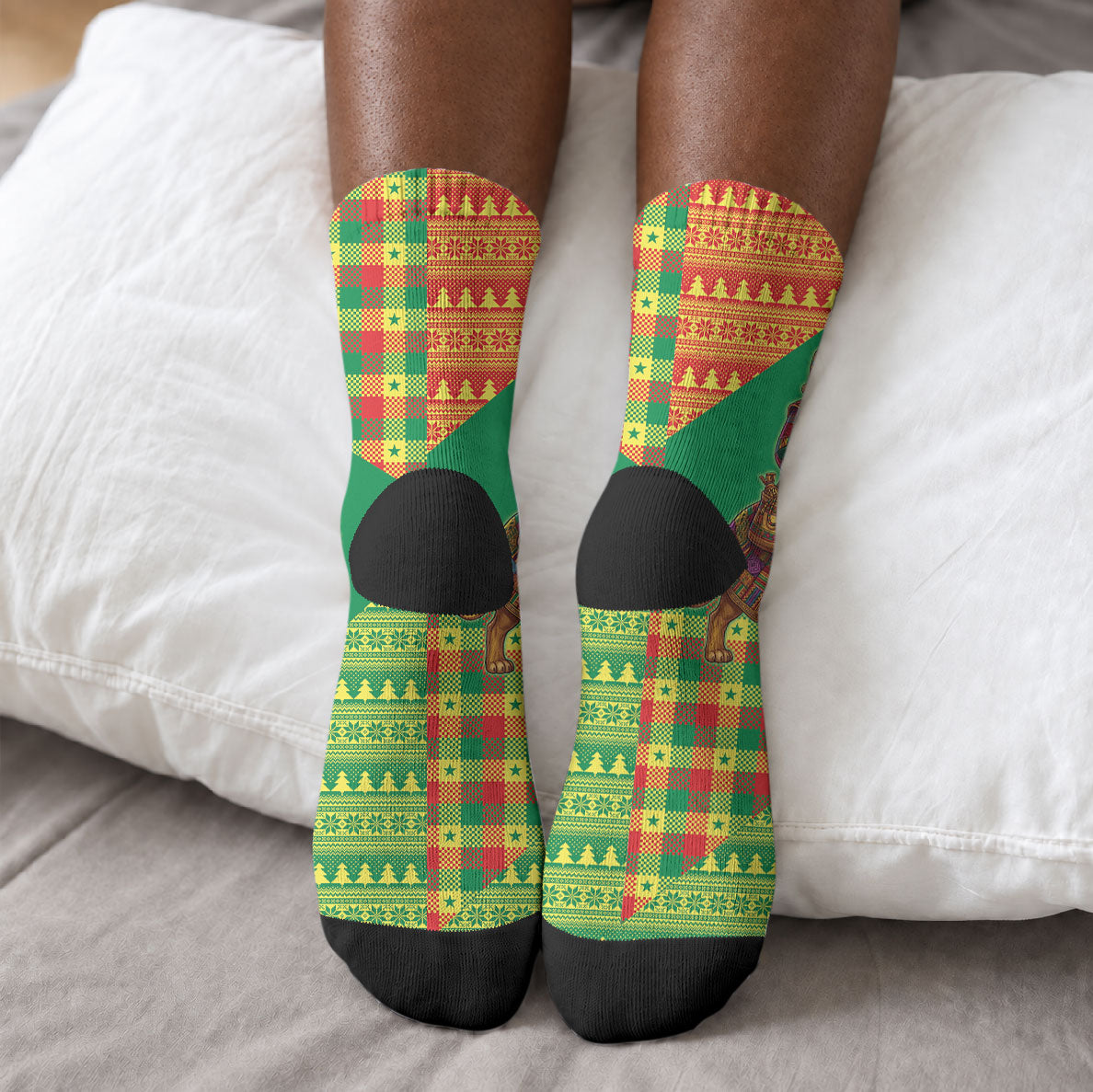 Senegal Christmas Santa Lion Crew Socks Thioub Traditional Woven Textile Motif