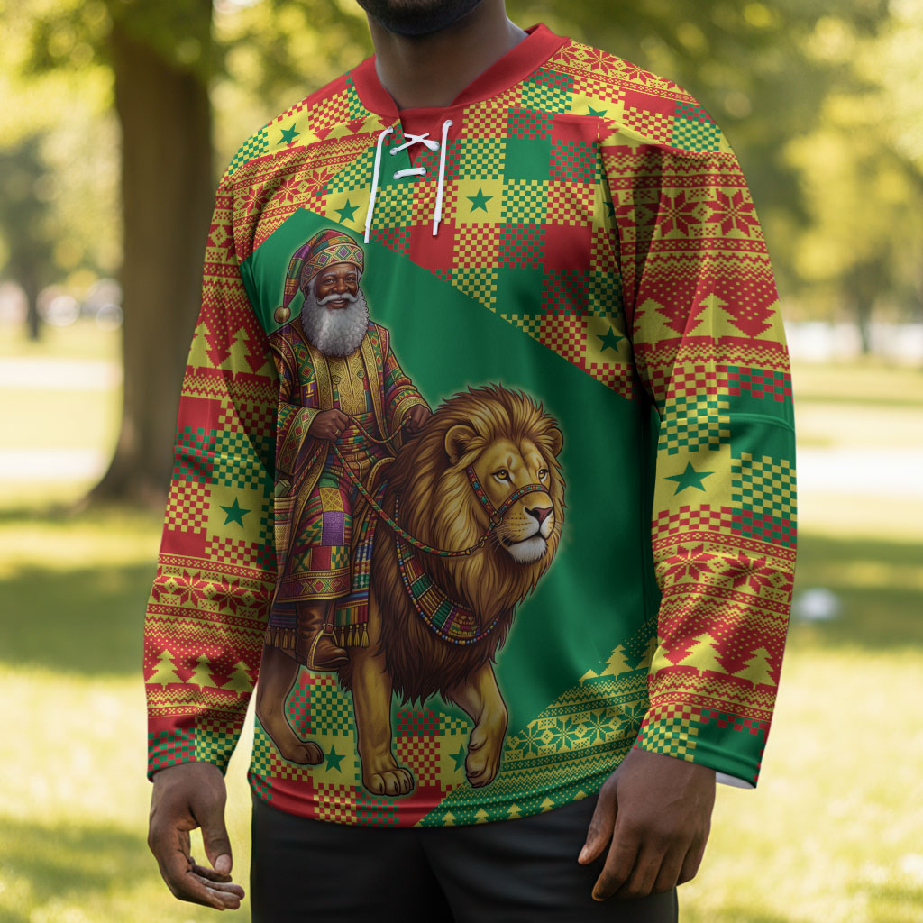 Senegal Christmas Santa Lion Hockey Jersey Thioub Traditional Woven Textile Motif