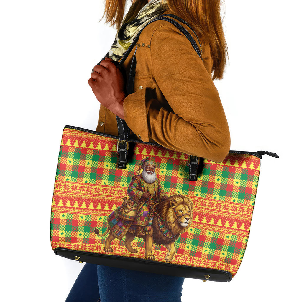 Senegal Christmas Santa Lion Leather Tote Bag Thioub Traditional Woven Textile Motif
