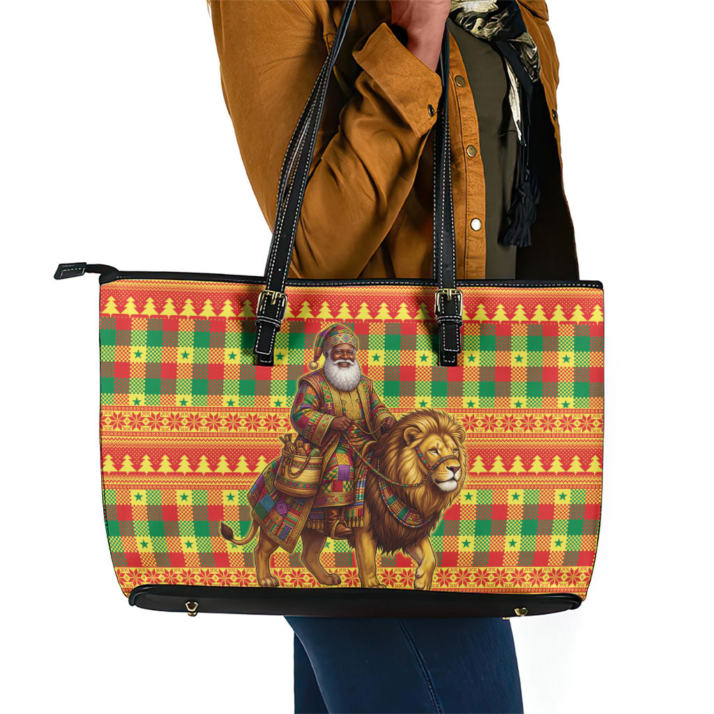 Senegal Christmas Santa Lion Leather Tote Bag Thioub Traditional Woven Textile Motif